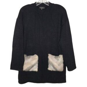 LEA & VIOLA Black Faux Fur Pocket Tunic Sweater